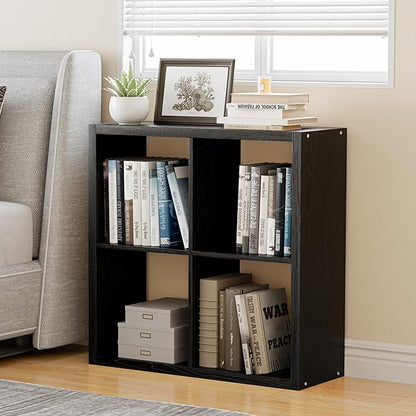 Cube Storage Organizer Bookcase, Decorative 11 inch Open Back Cubical Shelf with Thickened Border, Display Bookshelf for Living Room, Home Office, Sturdy Room (Black, 4 Cube)
