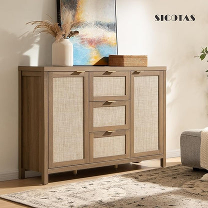 SICOTAS Rattan Sideboard Buffet Cabinet with Storage - 52" Larger Farmhouse Credenza Storage Coffee Bar Cabinet with 3 Drawers & 2 Doors, Boho Console Table for Living Room, Kitchen, Caramel Oak