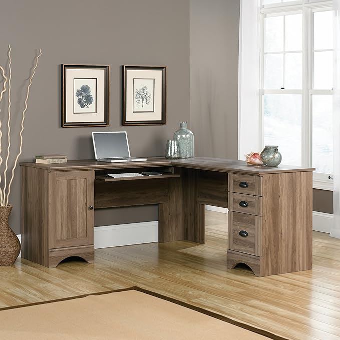 Sauder Harbor View Computer Desk, 66.14"D x 66.14"W x 30.28"H , Salt Oak finish