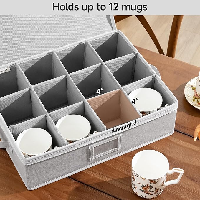 StorageWorks China Storage Container, Stackable Mug Storage Box with Dividers, Stemware Storage Cases, Hard Shell China Cup Organizer, Holds 12 Tea Cups and Coffee Mug, 2 Pack, Light Gray