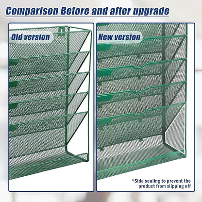 EASEPRES 6 Tier Desk File Organizer, Mesh Hanging Wall Mount Document Organization Stand, Desktop Vertical Mail Paper Folder Holder Rack with Bottom Tray for Office Cubicle, Sides Closed, Dark Green