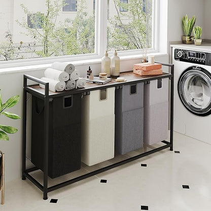Laundry Basket Four Laundry Hamper with Removable Bags, Fabric Handles, Large Top Shelf and Laundry Bag for Bathroom, Dorm, Laundry Room