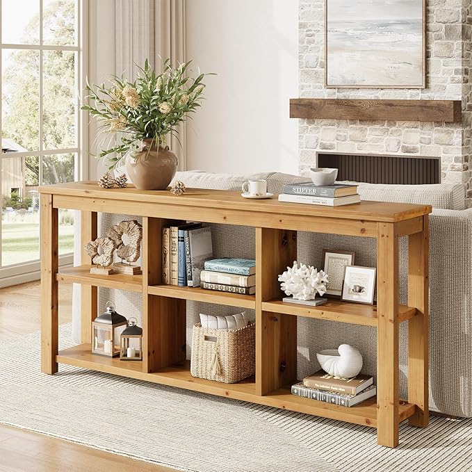 63-Inch Solid Wood Console Sofa Table, 3-Tier Narrow Farmhouse Entryway Table with 6 Storage Cubes for Living Room, Hallway, Brown
