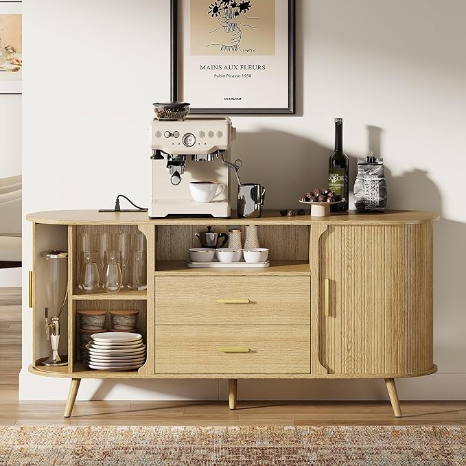 60" Sideboard Buffet Cabinet with Storage, Sliding Door & Adjustable Shelf, Modern Credenza with 2 Drawer, Accent Sideboard Coffee Bar Console Table for Kitchen, Entryway and Living Room