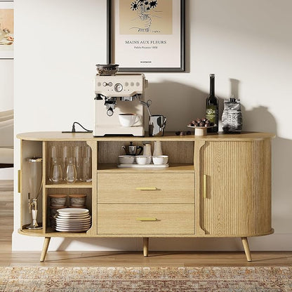 60" Sideboard Buffet Cabinet with Storage, Sliding Door & Adjustable Shelf, Modern Credenza with 2 Drawer, Accent Sideboard Coffee Bar Console Table for Kitchen, Entryway and Living Room