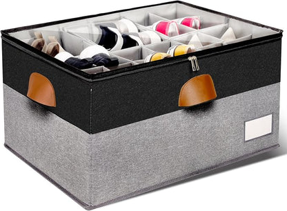 1 Pack Shoe Organizer for Closet, Adjustable Shoe Box Storage Containers, Large Foldable Shoe Bins with Clear Cover, Space Saving Shoes Holder with 4 Handles, Fits 12-24 Pairs, Black