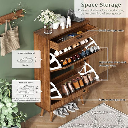 Yechen Shoe Rack Storage Organizer with 2 Natural Semi-Circular Rattan Doors, Entryway Wooden Shoe Cabinet for Sneakers, Leather Shoes, High Heels, Slippers (1 Piece, Walnut)