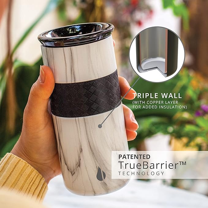 Elemental Artisan Insulated Tumbler, Triple Wall Coffee Travel Tumbler, Reusable Stainless Steel with Ceramic Lid, Thermal Coffee Cup for Hot (6 Hrs) & Cold (18 Hrs) 16oz - White Marble