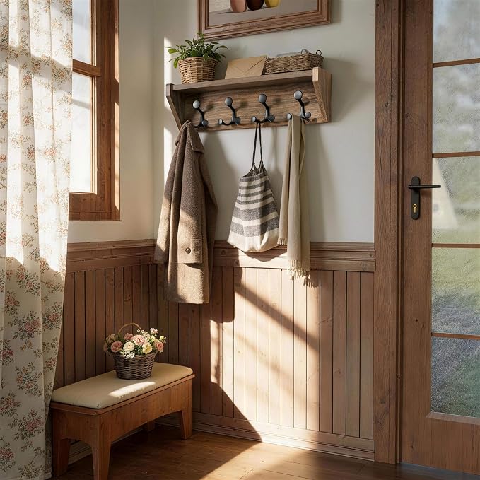 SKOLOO Wall Shelf with Hooks, 24-Inch, Weathered Brown | Coat Rack Wall Mount with Shelf, Heavy Duty, 4 Tri Hooks, Perfect for Entryway, Hallway, Living Room, Bedroom, Mudroom
