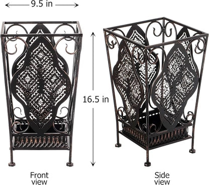 Dualplex Umbrella Holder Umbrella Stand Rack Metal Entry Hallway Décor w/Removable Drip Tray for Home Office Holds Umbrellas Canes Walking Sticks 16" Tall (Square, Antique)