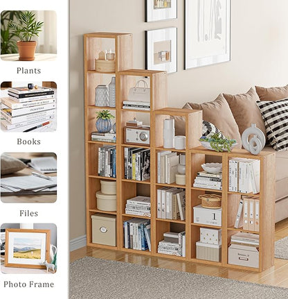 Tall Cube Storage Organizer Bookcase, 6 Tier 11 inch Open Back Cubical Shelf with Thickened Border, Display Bookshelf for Living Room, Home Office, Sturdy Room (Natural Oak, 6 Cube,Vertical)