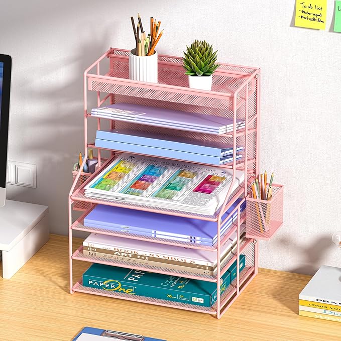 7 Tier Desk File Organizer,Metal Document Holder with Adjustable Shelves, Pull-Out Drawer & Removable Pen Holder for Office Organization,Pink