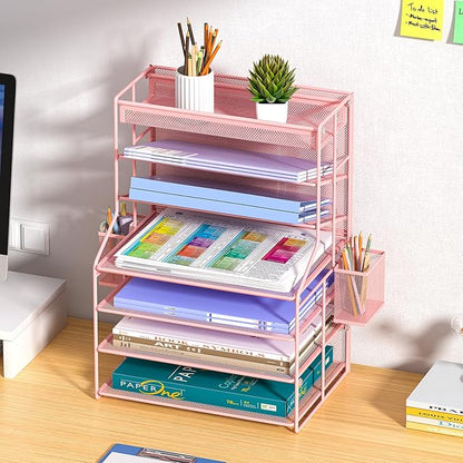 7 Tier Desk File Organizer,Metal Document Holder with Adjustable Shelves, Pull-Out Drawer & Removable Pen Holder for Office Organization,Pink