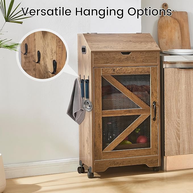 Potato Storage Bin with Wheels, Wood Potato and Onion Storage Cabinet with Lid, Movable Fruit and Vegetable Organizer Box, Large Bread Box for Kitchen