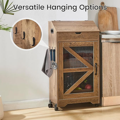 Potato Storage Bin with Wheels, Wood Potato and Onion Storage Cabinet with Lid, Movable Fruit and Vegetable Organizer Box, Large Bread Box for Kitchen
