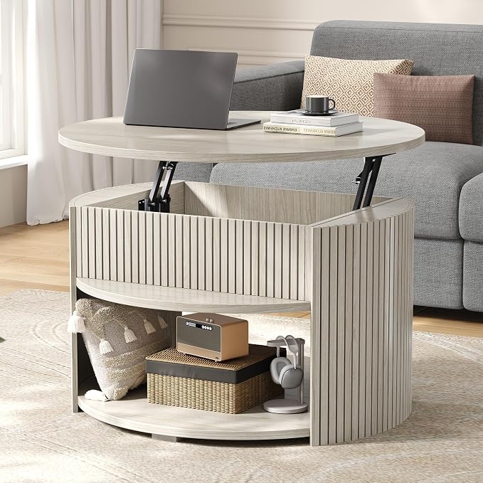 Round Lift Top Coffee Table with Storage, Fluted Mid-Century Modern Coffee Tables for Living Room, with Hidden Compartment & Open Shelves, for Small Spaces & Home Office(31.5" White Oak)