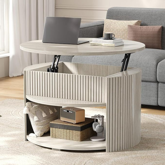 Round Lift Top Coffee Table with Storage, Fluted Mid-Century Modern Coffee Tables for Living Room, with Hidden Compartment & Open Shelves, for Small Spaces & Home Office(31.5" White Oak)