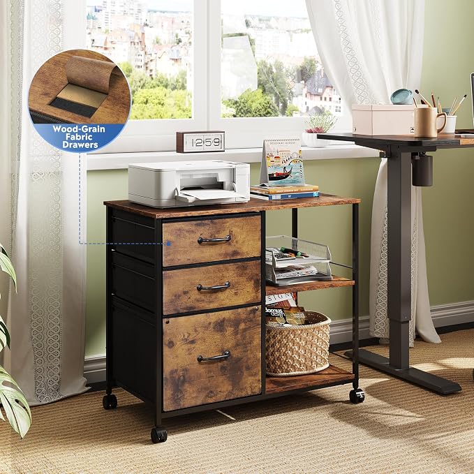 DEVAISE 3 Drawer Mobile File Cabinet, Rolling Printer Stand with Open Storage Shelf, Fabric Lateral Filing Cabinet fits A4 or Letter Size for Home Office, Rustic Brown Wood Grain Print