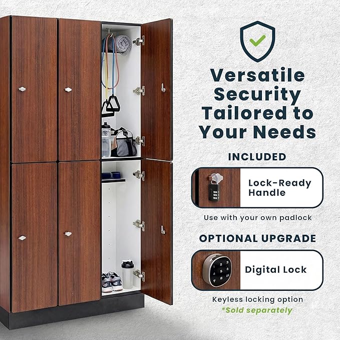 Alpine 6 Door Wooden Locker Cabinet - 72" Expandable Commercial Storage Lockers for Gym, Spa, Office & Golf Club - Includes Metal Base & Lock-Ready Handles, Triple Column 2 Tier - Walnut