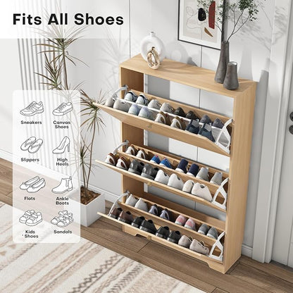 Nicetree Shoe Cabinet with 3 Flip Drawers，Freestanding Shoe Storage Cabinet, Narrow Shoe Organizer Cabinet, Farmhouse Slim Shoe Rack Cabinet for Entryway,Natural Oak with Hook