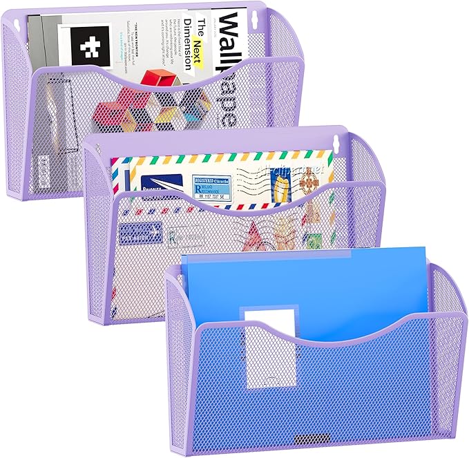 EasyPAG 3 Pack Wall File Organizer, Metal Mesh Hanging File Folder Holder for Letter/A4 Size Folders, Vertical Wall Mount Mail Sorter for Office Paperwork, Classroom, Purple