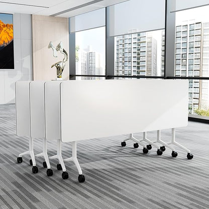 4pcs 70.9 Inch Folding Conference Table with Silent Wheels,Mobile foldable Flip Top Rectangular Meeting Tables for Office Training classroom,Locking Rolling Modular White Desk for Space Saving