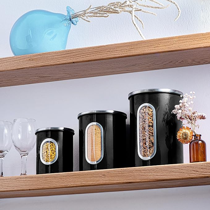 Mixpresso 3-Piece Black Canisters Sets For The Kitchen, Airtight Canister Set With See Through Window, Storage Jars for Coffee Container, Tea Organizer & Sugar Canister, Black Kitchen Canisters