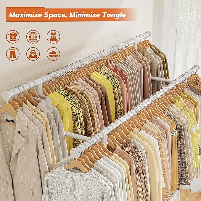 Clothes Rack, Clothing Racks for hanging clothes, Rolling clothes rack with Storage Basket & Heavy Duty Wheels, Double rods clothing rack for Bedroom, Laundry Room, White