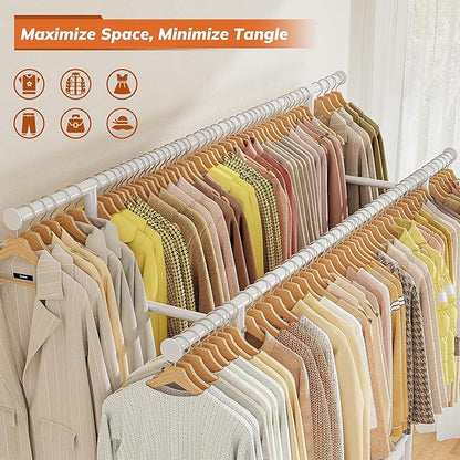 Clothes Rack, Clothing Racks for hanging clothes, Rolling clothes rack with Storage Basket & Heavy Duty Wheels, Double rods clothing rack for Bedroom, Laundry Room, White