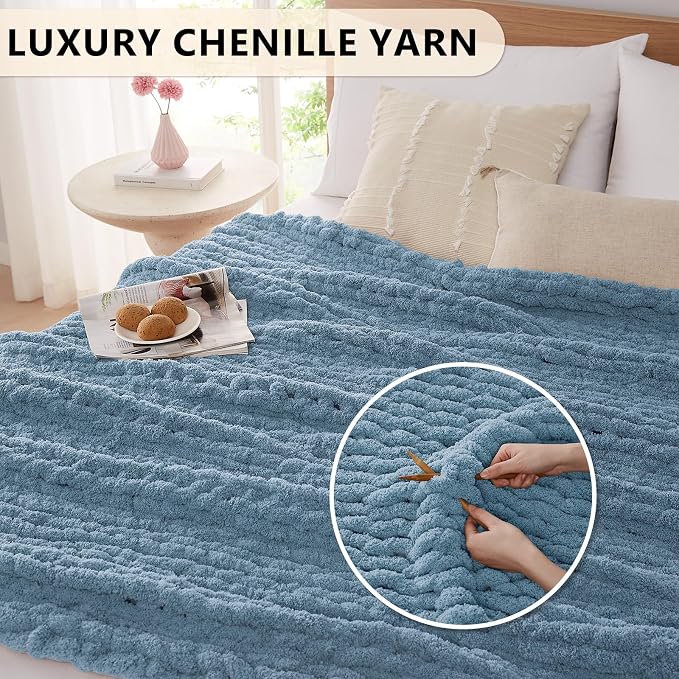 L'AGRATY Chunky Knit Blanket Throw: 60''x80'' Chenille Chunky Knitted Throw Blanket for Bed Couch - Handmade Thick Big Cable Knit Blanket - Large Crochet Rope Blankets for Home Decor(Airy Blue)