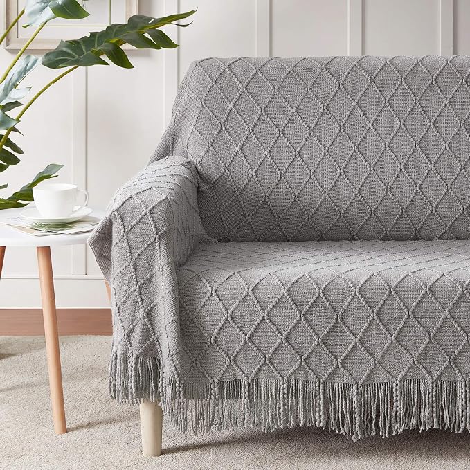 BOURINA Light Grey Throw Blanket 50x60 Inches Throw Textured Solid Soft Sofa Couch Decorative Knit Blanket