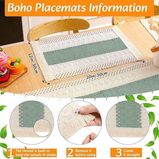 6 Sets Boho Decoration Placemats Round Woven Placemats, Cloth Napkins, Wood Bead Napkin Rings, Long Table Runner and Farmhouse Burlap Cotton for Table Kitchen (Green,12x72)