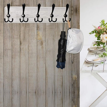 Dseap Coat Rack Wall Mounted - 5 Tri Hooks, Heavy Duty, Wooden Wall Coat Hanger Coat Hook for Clothes Hat Jacket Clothing, White & Black, Pack of 2