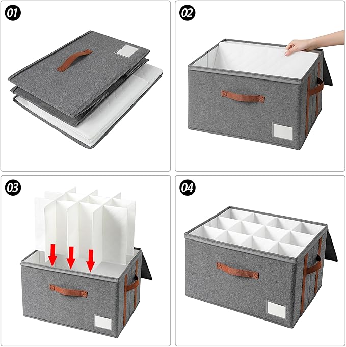 Stemware Storage Cases,Wine Glass Storage Box,with Dividers, Holds 12 Red or White Wine Glasses, Durable Glassware Storage Containers for Crystal or Stemware(Grey red, Stemware storage cases)