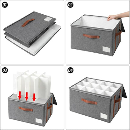 Stemware Storage Cases,Wine Glass Storage Box,with Dividers, Holds 12 Red or White Wine Glasses, Durable Glassware Storage Containers for Crystal or Stemware(Grey red, Stemware storage cases)
