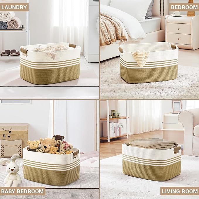 SunNewt 60L Large Laundry Basket with Leather Handles for Living Room Storage, Woven Rope BasketsBin for Blanket, Kids Toy, Gifts, Wicker Hamper for Bedroom Dirty Clothes, 21"x15"x11" Khaki