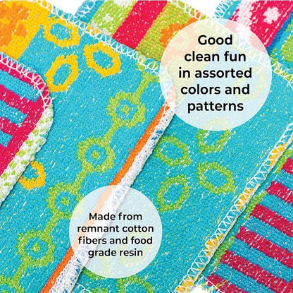 Skoy Scrub, 4-Pack Reusable, Non-Scratching Dish Scrubber for Kitchen and Household Cleaning, Planet-Friendly, Dishwasher Safe Soft Scrub, Assorted Colors and Designs