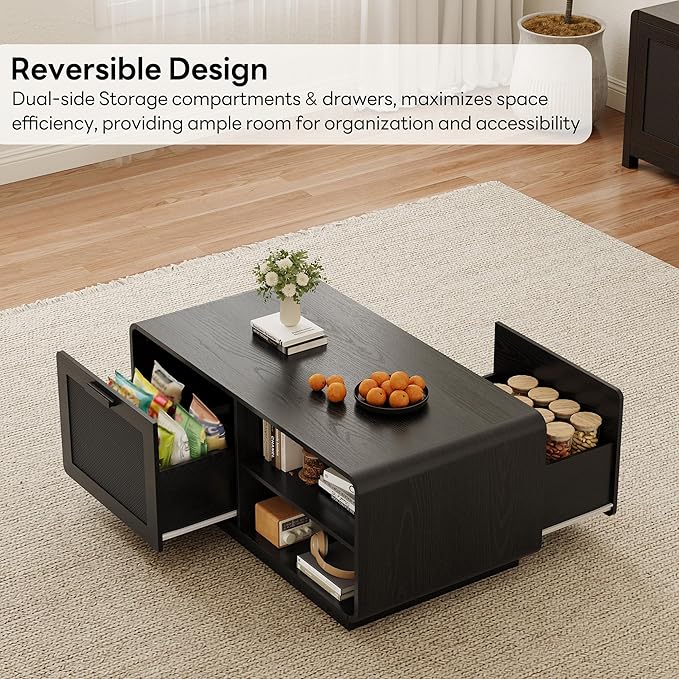 LIKIMIO 39.4" Rattan Coffee Table with Storage Drawers, Safety Curved Corners & 4-Tier Adjustable Shelves, Sturdy Base, Wood Center Table for Living Room, Black