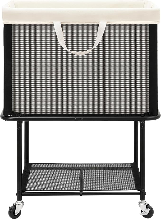 STO STO Rolling Laundry Hamper with Lockable Wheels, 29-Gallon (110L) Laundry Cart with Removable Canvas Bag, 2-Tier Clothes Basket Hamper with Shelf for Closet, Bedroom, Bathroom, Laundry Room, Beige