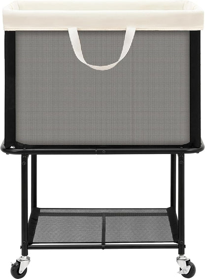STO STO Rolling Laundry Hamper with Lockable Wheels, 29-Gallon (110L) Laundry Cart with Removable Canvas Bag, 2-Tier Clothes Basket Hamper with Shelf for Closet, Bedroom, Bathroom, Laundry Room, Beige