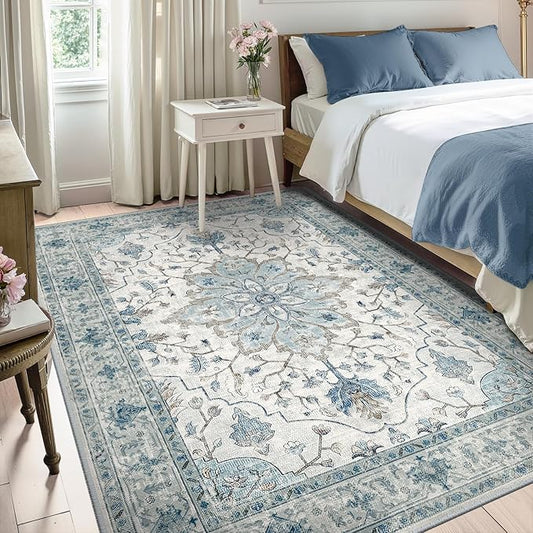 RELEANY Area Rugs 5'x7' Washable Non-Slip, Floral Vintage Distress Medallion Carpet for Living Room Bedroom Dining Room, Light Blue Navy Gray White