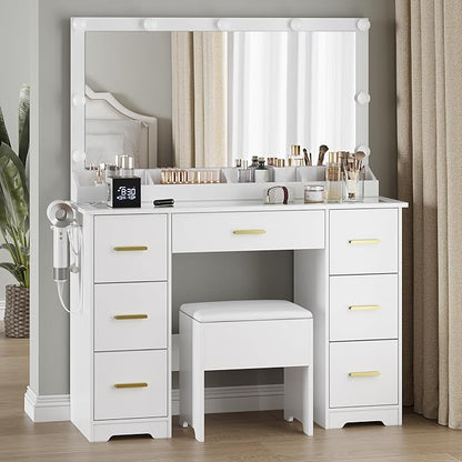 Makeup Vanity with Large Lighted Mirror and Chair, 7 Drawers Vanity Makeup Desk Table with Power Strip, Adjustable Lighting, and Cushioned Storage Stool for Women, Girls