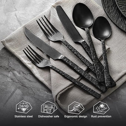 KINGSTONE 24 Pcs Black Hammered Silverware Set with Steak Knives for 4, 18/10 Stainless Steel Heavy Duty Flatware Set, Tableware Cutlery Utensil Sets for Home Restaurant Dishwasher Safe