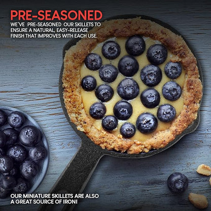 Modern Innovations Mini Black Cast Iron Skillet Set with Silicone Mitt (4 Count) - 3.5 Inch Pans, Pre Seasoned Small Skillets for Baked Cookie/Brownie or Cooked Eggs