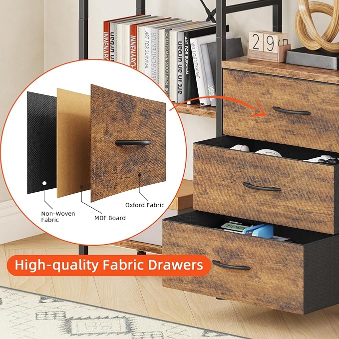 AFLUI Triple Bookshelf with 3 Fabric Drawers, 5-Tier Book Shelf and 10 Display Shelves, Industrial Large Bookcase for Home & Office, Rustic Brown, 47'' Wide
