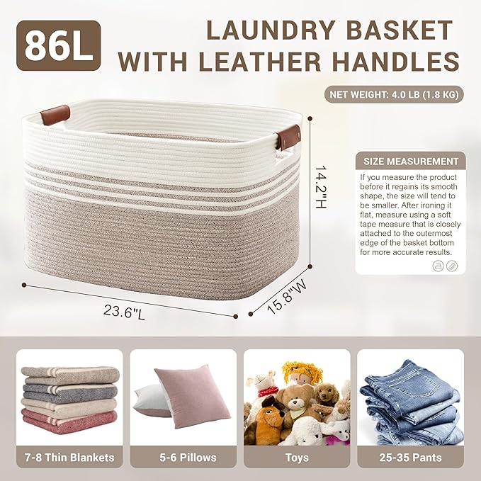 SunNewt 86L Extra Large Laundry Basket with Leather Handles for Living Room Storage, Woven Rope Baskets for Blanket, Kids Toy, Gifts, Wicker Hamper for Bedroom Dirty Clothes, 24"x16"x14" White Brown
