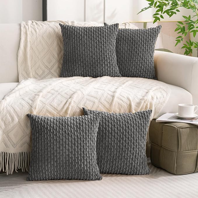Set of 4 Dark Grey Decorative Throw Pillow Covers 16x16 Inch Corduroy Pillow Covers for Bed Couch Sofa Living Room Soft Square Cushion Cases