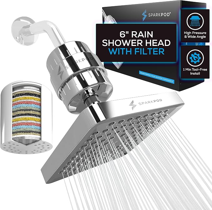 SparkPod 23-Stage Filtered Shower Head, 6" Square, Polished Chrome | Filtered Shower Head for Hard Water Filter, High Pressure, Reduces Chlorine, Heavy Metals, For Dry Skin & Hair