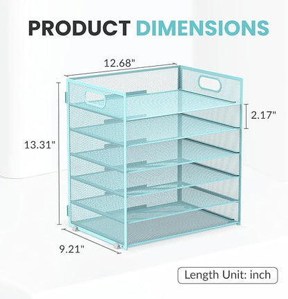 Daltack 6 Tier Paper Organizer for Desk, Paper Letter Tray Organizer for Desks, Mesh Desk File Organizers with Handle for Office, Home, School, Blue