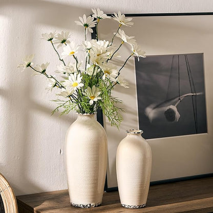 Ceramic Vases for Home Decor, Ice Crackle Aged White Vintage Ceramic Vase Set of 2, Minimalist Decorative Vase for Table Centerpiece Dining Living Room Office Nightstand Fireplace Decoration
